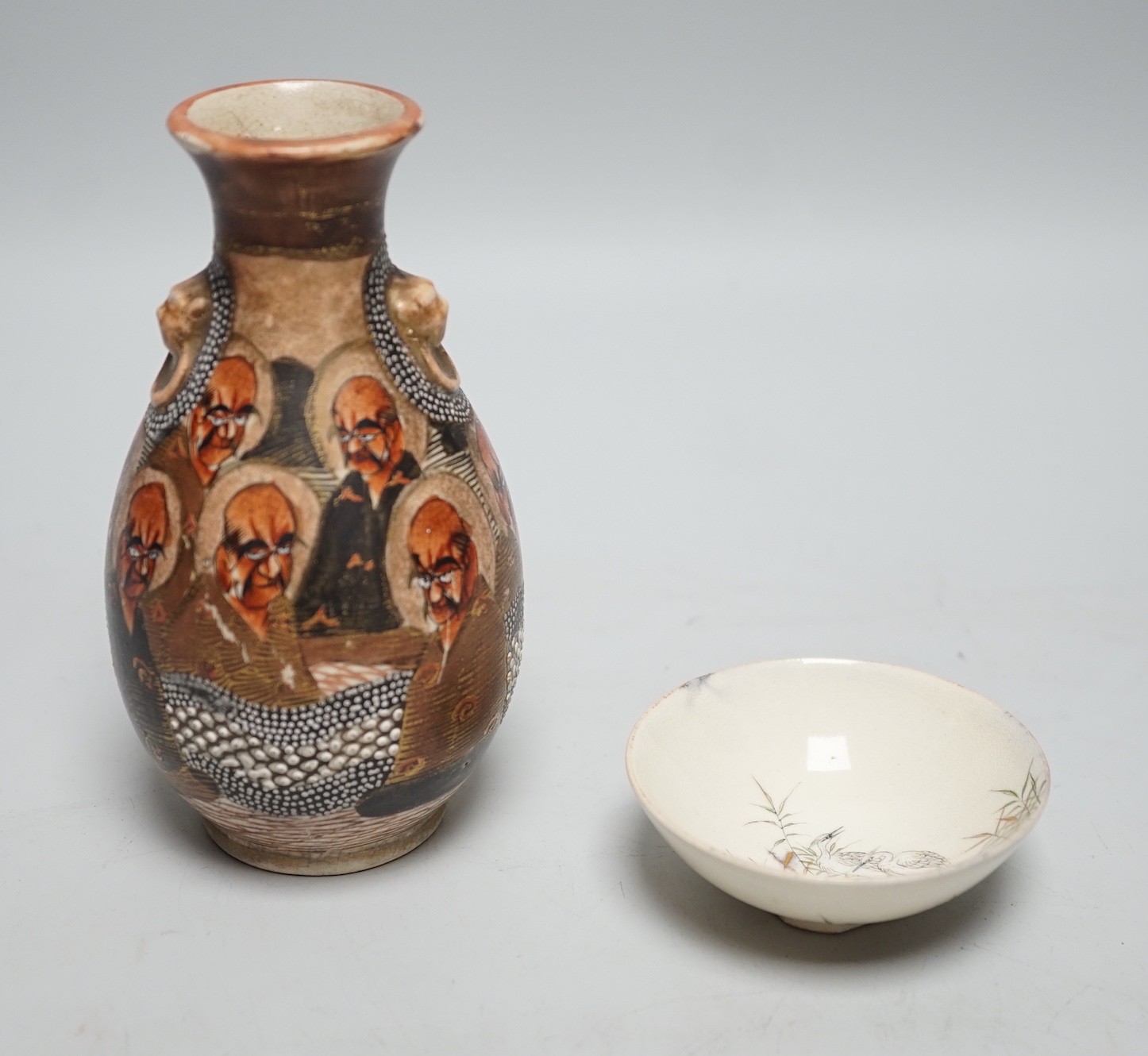 A small Japanese Satsuma pottery dish by Kinkozan and a Satsuma ‘rakan’ Vase, 13cm